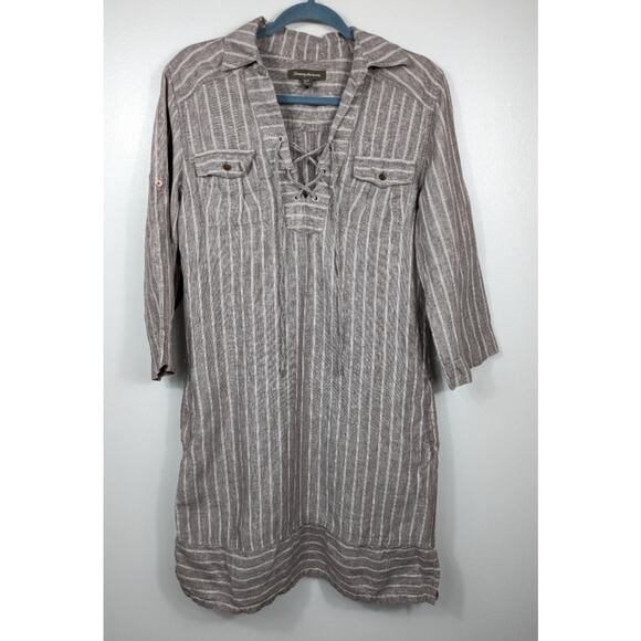 Tommy Bahama Two Palms Stripe Shirt Dress 100% Linen Natural Brown Size Small - Picture 10 of 11
